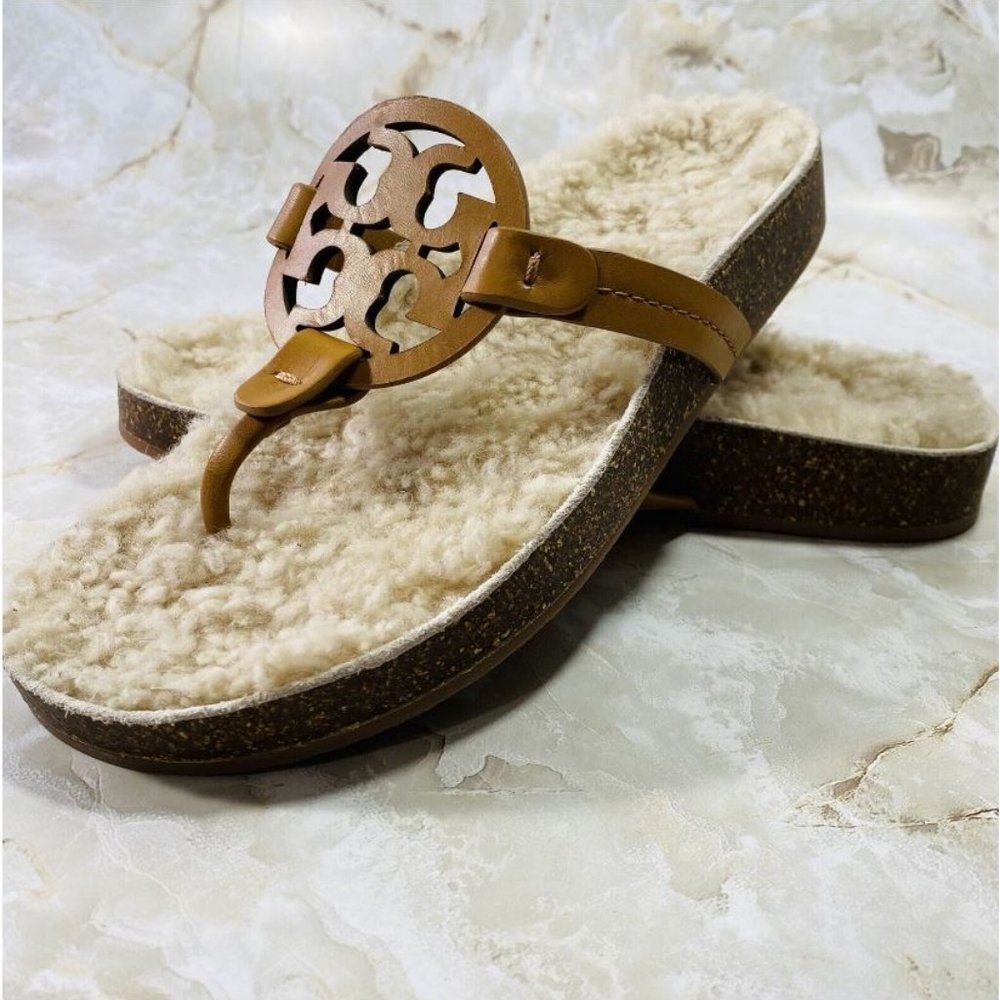 Tory Burch MILLER CLOUD Cork Shearling Leather Sandals Caramel Size 6.5 New